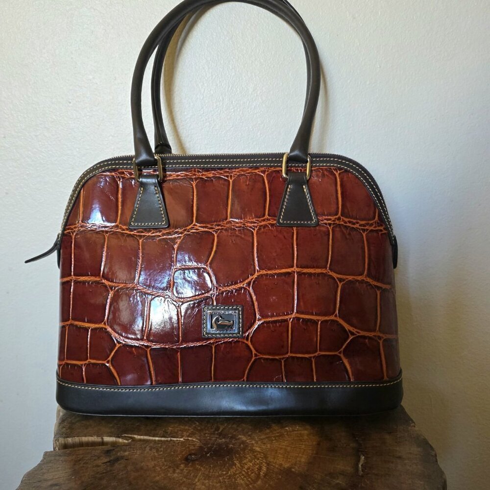 Dooney & Bourke Cognac Croco Embossed Leather Domed Satchel Bag - Picture 9 of 16
